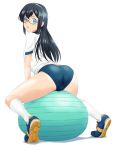  1girl alternate_costume ass ball black-framed_eyewear black_hair blue_buruma blue_eyes buruma exercise_ball glasses gym_shirt gym_uniform hairband highres kantai_collection long_hair mikan_29344886 ooyodo_(kantai_collection) semi-rimless_eyewear shirt shoes short_sleeves sneakers socks solo under-rim_eyewear white_hairband white_legwear white_shirt 