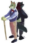  age_difference animal_crossing anthro back_to_back cane canid canine canis clothing dobie_(animal_crossing) duo durag eyes_closed footwear goon_(goonie_san) goonie-san hi_res male mammal nintendo old perspective shoes smile standing video_games wolf 