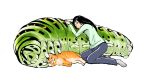  animal black_hair cat caterpillar closed_eyes closed_mouth green_shirt grey_legwear grey_pants long_hair long_sleeves nishimawari_kouro original oversized_animal pants shirt simple_background socks white_background 