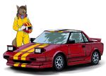  2020 anthro armor canid canine car female headgear helmet hi_res hladilnik mammal rally_(sport) scarf simple_background solo toyota toyota_mr2 vehicle white_background 