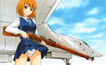  1girl absurdres aircraft airplane airplane_wing artbook ass_visible_through_thighs blue_neckwear blue_skirt blue_vest brown_eyes buttons closed_mouth cloud cloudy_sky collared_shirt crotch_seam gun highres holding holding_gun holding_weapon long_sleeves looking_at_viewer medium_hair necktie orange_hair original panties pantyshot pleated_skirt rifle shirt skirt sky solo standing thighs underwear uniform vest weapon white_panties white_shirt wind wind_lift yamauchi_noriyasu 