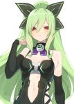  1girl absurdres bare_shoulders blush breasts buran_buta cleavage clothing_cutout detached_collar dress elbow_gloves gloves green_hair hakozaki_chika highres long_hair looking_at_viewer medium_breasts navel navel_cutout neptune_(series) red_eyes smile thighhighs 