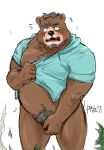  2020 anthro balls barely_visible_balls barely_visible_genitalia blush brown_body brown_fur clothing fur genitals hoodie humanoid_hands kemono male mammal mature_male overweight overweight_anthro overweight_male pubes simple_background solo topwear ursid white_background z_j1341 