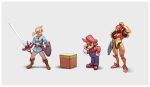  1girl 2boys arm_cannon block chin_stroking facial_hair gloves grey_background hand_on_hip hat highres holding holding_shield holding_sword holding_weapon hylian_shield link mario mario_(series) master_sword metroid minecraft multiple_boys mustache nin_nakajima overalls ponytail power_armor red_headwear red_shirt samus_aran scratching_head shield shirt simple_background super_smash_bros. sword the_legend_of_zelda the_legend_of_zelda:_breath_of_the_wild tunic weapon white_gloves 