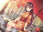  blush brown_hair japanese_clothes long_hair original utsurogi_akira water yukata 