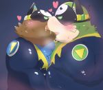  &lt;3 2002 anthro belly blush bodily_fluids brown_body brown_fur canid canine canis clothed clothing cum cum_on_stomach domestic_dog duo fur genital_fluids green_body green_fur hi_res kemono kipchin_2nd00 kissing live-a-hero male male/male mammal mokdai moobs overweight overweight_male simple_background video_games visor 