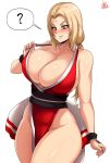  1girl ? artist_name bare_shoulders blonde_hair blush breasts brown_eyes cleavage commentary_request cosplay fatal_fury hair_intakes highres huge_breasts jmg large_breasts long_hair looking_down naruto naruto_(series) naruto_shippuuden shiranui_mai shiranui_mai_(cosplay) signature simple_background solo spoken_question_mark sweatdrop the_king_of_fighters thick_thighs thighs tsunade white_background 