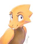  allesiathehedge alphys anthro blush buckteeth bust_portrait cloth clothed clothing english_text female front_view hi_res lizard looking_at_viewer portrait purple_eyes reptile scales scalie shirt signature simple_background smile solo teeth text topwear undertale video_games yellow_body yellow_scales 