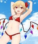  1girl arm_up armpits ass_visible_through_thighs bikini blonde_hair blush breasts cameltoe covered_nipples eyebrows_visible_through_hair flandre_scarlet frilled_bikini frills groin hair_ornament hair_ribbon highres looking_at_viewer miyo_(ranthath) ocean open_mouth outdoors red_bikini red_eyes ribbon shiny shiny_hair shiny_skin short_hair sky smile solo standing swimsuit swimwear touhou wings 