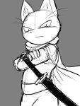  2020 3:4 angry anthro armor blush cape cartoon_network clothing crossed_arms domestic_cat felid feline felis fingers gloves handwear looking_at_viewer male mammal mao_mao:_heroes_of_pure_heart melee_weapon monochrome sheriff_mao_mao_mao sketch solo sword weapon whiskers winick-lim 