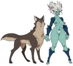  abs animal_genitalia big_hands blue_body blue_fur breasts canid canine canis chest_tuft claws demon demon_humanoid digitigrade duo eyebrows female feral fluffy fluffy_tail fully_sheathed fur genitals grey_body grey_fur hair horn humanoid humanoid_pointy_ears inner_ear_fluff jijis-waifus looking_away male mammal nipples nude pussy red_eyes sheath simple_background smile spread_legs spreading standing tail_tuft tattoo thick_eyebrows tuft white_background white_hair white_pubes wolf 