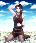  1girl black_eyes black_hair black_shorts black_tank_top braid braided_ponytail butterfly_tattoo closed_mouth cloud cloudy_sky fishnets flower gem highres jewelry kneeling looking_at_viewer necklace rhosavior shorts sky smile solo tank_top tate_no_yuusha_no_nariagari tattoo therese_alexanderite 