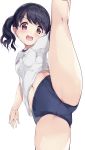  1girl :d absurdres arm_up bangs black_hair blue_buruma blush breasts brown_eyes buruma commentary_request eyebrows_visible_through_hair fangs fukumaru_koito gym_shirt gym_uniform highres idolmaster idolmaster_shiny_colors kuroba_aki leg_up looking_at_viewer midriff_peek name_tag navel open_mouth shirt short_sleeves simple_background small_breasts smile solo split standing standing_on_one_leg standing_split twintails v-shaped_eyebrows white_background white_shirt 