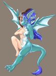  2020 anthro blue_hair bodily_fluids breasts dragon featureless_breasts featureless_crotch female green_eyes hair hi_res horn membrane_(anatomy) membranous_wings navel negitorodon nude open_mouth red_hair simple_background solo tears transformation wings young 