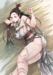  1girl absurdres bare_shoulders body_markings breasts brown_eyes brown_hair dress facial_mark fate/grand_order fate_(series) forehead forehead_mark highres himiko_(fate) kanehira_(nowisima) large_breasts long_hair looking_at_viewer lying magatama magatama_necklace no_bra no_panties on_side one_eye_closed sash side_slit sideboob smile thighs topknot twintails white_dress 