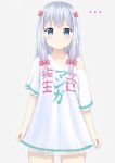  ... 1girl arms_at_sides blue_eyes blush bow closed_mouth clothes_writing collarbone cowboy_shot embarrassed eromanga_sensei grey_background grey_hair hair_bow highres izumi_sagiri kake_kan long_hair looking_at_viewer naked_shirt off-shoulder_shirt off_shoulder pink_bow shirt simple_background single_bare_shoulder solo 