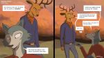  16:9 2020 anthro antlers aureldrawsstuff beastars belt bottomwear brown_body brown_fur canid canine canis cervid clothed clothing comic dialogue duo english_text fully_clothed fur grey_body grey_fur hi_res horn humor legoshi_(beastars) louis_(beastars) male mammal outside pants profanity shirt speech_bubble standing text topwear widescreen wolf 