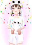  1girl :d blush brown_eyes brown_hair confetti hat highres holding kake_kan looking_at_viewer low_twintails naked_shirt open_mouth original pawoo pawoo-chan pink_background shirt short_sleeves smile solo stuffed_elephant twintails white_headwear white_shirt 