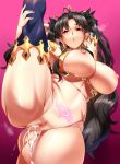  1girl ass black_hair breasts cum cum_in_pussy fate/grand_order fate_(series) highres ishtar_(fate)_(all) ishtar_(fate/grand_order) large_breasts leg_lift leg_up looking_at_viewer magukappu navel open_mouth pussy red_eyes solo split standing standing_on_one_leg standing_split steaming_body stomach thighhighs tiara twintails 