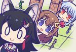  3girls :&gt; animal_ear_fluff animal_ears bangs black_hair black_hoodie blue_hair brown_hair bunny_ears chibi commentary_request eighth_note eyebrows_visible_through_hair hair_between_eyes hair_ornament hololive hoshikuzu_no_yoru long_hair minecraft multicolored_hair multiple_girls musical_note o_o ookami_mio open_mouth peeking_out rabbit_girl red_hair sidelocks smile stalking tokino_sora translation_request two-tone_hair usada_pekora virtual_youtuber wolf_ears wolf_girl 