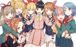  6+girls aikatsu!_(series) black_hair blonde_hair blue_bow blue_hair blue_skirt bow brown_eyes brown_hair character_request closed_eyes eyebrows_visible_through_hair green_hair hair_ornament highres hoshimiya_ichigo kurodeko long_hair looking_at_viewer minato_mio multicolored_hair multiple_girls open_mouth pink_shirt pink_skirt purple_eyes shirt short_hair simple_background skirt star_(symbol) star_hair_ornament tagme twintails two-tone_hair upper_teeth white_background white_skirt 