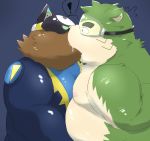  2002 anthro belly brown_body brown_fur canid canine canis clothed clothing domestic_dog duo fur green_body green_fur hi_res kemono kipchin_2nd00 kissing live-a-hero male male/male mammal mokdai moobs nipples overweight overweight_male simple_background video_games visor 