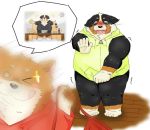  2020 anthro asian_clothing belly bernese_mountain_dog black_body black_fur blush brown_body brown_fur canid canine canis clothing computer domestic_dog duo east_asian_clothing fundoshi fur hoodie humanoid_hands japanese_clothing kemono male mammal molosser mountain_dog one_eye_closed swiss_mountain_dog tongue tongue_out topwear underwear white_body white_fur wink yanununununu 