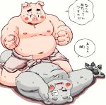  2020 anthro belly blood bodily_fluids domestic_pig duo humanoid_hands japanese_text kemono male male/male mammal meg_hoi moobs navel nipples overweight overweight_male simple_background suid suina sus_(pig) text ursid white_background 