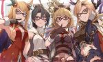  4girls animal_ears black_hair blonde_hair bow_(weapon) breasts djeeta_(granblue_fantasy) erune eye_mask granblue_fantasy head_wings hinami_(hinatamizu) long_hair looking_at_viewer mask metera_(granblue_fantasy) mole mole_under_mouth multiple_girls pointy_ears ponytail shitori_(granblue_fantasy) short_hair smile song_(granblue_fantasy) tongue tongue_out weapon 