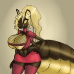  1:1 4_arms ant antennae_(anatomy) anthro arthropod arthropod_abdomen big_breasts blonde_hair bottomwear breasts cleavage clothed clothing female fishnet fishnet_topwear front_view hair hand_on_hip hi_res holding_breast huge_breasts huge_tail hymenopteran insect legwear makeup mascara midriff miniskirt multi_arm multi_limb navel non-mammal_breasts ponytail portrait puddomega simple_background skirt smile solo squish standing thigh_highs thigh_squish thong thong_straps three-quarter_portrait three-quarter_view underwear yellow_eyes yellow_sclera 