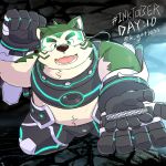  1:1 2020 anthro belly black_nose bottomwear bulge canid canine canis clothing domestic_dog fur green_body green_fur hi_res humanoid_hands k_gutless kemono live-a-hero male mammal mokdai overweight overweight_anthro overweight_male pants solo video_games visor 