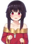  1girl bare_shoulders blush dress embarrassed eyebrows_visible_through_hair highres kake_kan kono_subarashii_sekai_ni_shukufuku_wo! long_hair long_sleeves looking_at_viewer medium_hair megumin purple_hair raised_eyebrows red_dress red_eyes simple_background solo upper_body white_background wide-eyed 