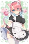  1girl absurdres animal_ears apron blue_eyes breasts cat_ears dress dress_lift eyebrows_visible_through_hair garter_straps garters go-1 highres large_breasts looking_at_viewer maid maid_apron maid_headdress multicolored_hair original pink_hair sidelocks skirt skirt_lift solo standing tail thighhighs white_legwear 
