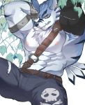  bottomwear canid canine canis chung0u0 clothing denim denim_clothing digimon digimon_(species) hand_on_head hi_res humanoid ivy_(plant) jeans leash male mammal muscular muscular_humanoid muscular_male nipples pants simple_background skull_and_crossbones solo weregarurumon white_background wolf 