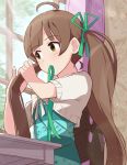  1girl aqua_dress bangs bare_arms brown_eyes brown_hair commentary curtains day dress eyebrows_visible_through_hair green_ribbon hair_ribbon hakozaki_serika idolmaster idolmaster_million_live! idolmaster_million_live!_theater_days indoors long_hair looking_to_the_side mouth_hold ribbon ribbon_in_mouth solo sweater table trinitro_t twintails tying_hair upper_body wallpaper_(object) white_sweater window 