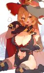  1girl blush breasts cape cleavage clothing_cutout commentary_request controller detached_sleeves eyebrows_visible_through_hair gloves hat holding holding_controller large_breasts long_hair navel navel_cutout nijisanji nintendo_switch_pro_controller no_panties nui_sociere rimukoro sweatdrop tsurime witch_hat yellow_eyes 