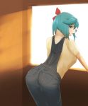  2020 blue_eyes butt female green_hair hair hi_res humanoid leaning leaning_forward looking_at_viewer not_furry raaggu solo transformation window 