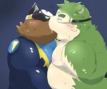  2002 anthro belly blush bodily_fluids brown_body brown_fur canid canine canis clothed clothing domestic_dog drooling duo fur green_body green_fur hi_res kemono kipchin_2nd00 kissing live-a-hero male male/male mammal mokdai moobs nipples overweight overweight_male saliva simple_background video_games visor 