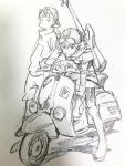  1boy 1girl boat flcl gainax gloves ground_vehicle guitar haruhara_haruko helmet highres instrument motor_vehicle motorcycle motorcycle_helmet nandaba_naota production_ig sadamoto_yoshiyuki scooter sketch standing traditional_media vehicle vespa watercraft 