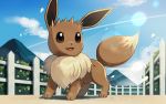 :d blue_sky brown_eyes bush cloud day eevee fence flower full_body gen_1_pokemon lens_flare looking_away looking_to_the_side no_humans open_mouth outdoors petals pokemon pokemon_(creature) road shibainu sky smile solo standing white_flower wooden_fence 