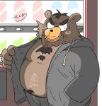  2020 anthro blush bottomwear brown_body brown_fur chikuwa_kama clothed clothing fur hi_res hoodie kemono male mammal open_clothing open_hoodie open_topwear overweight overweight_anthro overweight_male pants solo topwear ursid 