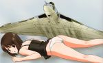  1girl absurdres aircraft airplane artbook ass back black_dress brown_eyes brown_hair dress highres kneepits looking_at_viewer lying on_stomach open_mouth original panties short_dress short_hair sleeveless sleeveless_dress solo thighs underwear white_panties yamauchi_noriyasu 