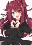  1girl :d bangs black_capelet black_dress blue_eyes blush brown_background brown_wings capelet commentary_request crescent crescent_hair_ornament demon_girl demon_horns demon_wings dress eyebrows_visible_through_hair fang frilled_capelet frilled_sleeves frills hair_between_eyes hair_ornament hands_up heart heart_hands heterochromia horns long_hair long_sleeves looking_at_viewer maki_soutoki neck_ribbon nijisanji open_mouth red_eyes red_hair red_ribbon ribbon smile solo two_side_up very_long_hair virtual_youtuber wings yuzuki_roa 