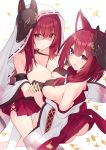  2girls absurdres animal_ears ass azur_lane bangs bare_shoulders blush breast_press breasts chitose_(azur_lane) chiyoda_(azur_lane) cleavage closed_eyes collarbone eyebrows_visible_through_hair fox_ears fox_mask hair_between_eyes highres hood japanese_clothes kimono large_breasts long_hair long_sleeves looking_at_viewer looking_back mask multiple_girls obi off-shoulder_kimono open_mouth purple_eyes red_eyes red_hair sash shaded_face sidelocks skirt smile sweat sweatdrop symmetrical_docking t@ke-g thighhighs white_kimono white_legwear wide_sleeves 