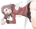  1girl ass black_skirt blush bottomless breasts breasts_outside brown_eyes doggystyle elf_(stroll_in_the_woods) girls_und_panzer implied_sex large_breasts looking_at_viewer no_bra no_panties open_clothes open_mouth open_shirt red_hair rosehip_(girls_und_panzer) saliva sex sex_from_behind shiny shiny_hair short_hair sideboob simple_background skirt smile solo st._gloriana&#039;s_military_uniform teeth uniform upper_teeth white_background 
