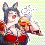  1girl ahri animal_ears bacon black_hair breasts cheese cleavage commentary_request drooling facial_mark fang food fox_ears fox_tail hamburger large_breasts league_of_legends lettuce lolboja long_hair onion open_mouth saliva shrimp solo tail tomato yellow_eyes 