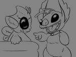  2020 4_fingers alien alternate_species artbro collar collar_only crossover digital_drawing_(artwork) digital_media_(artwork) disney duo experiment_(lilo_and_stitch) fingers gesture grey_background greyscale head_tuft insect_wings leroy_(lilo_and_stitch) lilo_and_stitch looking_at_viewer maggie_pesky male monochrome open_mouth open_smile pointing semi-anthro simple_background sketch smile the_buzz_on_maggie tuft wings 