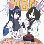  2girls bandaged_neck bandages bare_shoulders birthday black_hair black_hoodie black_mask blue_archive blue_hair blue_halo breasts cake closed_eyes commentary_request crop_top food halo happy_birthday highres hood hooded_jacket hoodie jacket kenkou1banno1 large_breasts long_hair mask misaki_(blue_archive) mouth_mask multiple_girls off_shoulder open_mouth red_halo saori_(blue_archive) shirt short_hair simple_background table upper_body white_background white_jacket white_shirt yuri 