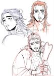  1boy all_wishes_come_true! blush bruise bruise_on_face chinese_clothes coat danasauurr english_commentary facial_hair grin hair_bun hair_ornament half_updo hand_fan hanfu highres holding holding_fan injury jewelry leaf_fan leaf_hair_ornament long_hair looking_at_viewer looking_up male_focus multiple_views mustache_stubble necklace open_clothes open_coat open_mouth parted_lips partially_colored pectoral_cleavage pectorals realistic robe simple_background single_hair_bun sketch smile stubble thick_eyebrows upper_body white_background zhongli_quan_(all_wishes_come_true!) 