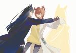  2girls agnes_tachyon_(tach-nology)_(umamusume) agnes_tachyon_(umamusume) ahoge animal_ears black_coat black_gloves black_pantyhose black_skirt blunt_ends closed_eyes coat commentary gloves hair_between_eyes highres horse_ears horse_girl lab_coat long_hair long_sleeves manhattan_cafe_(creeping_shadow)_(umamusume) manhattan_cafe_(umamusume) medium_hair multicolored_hair multiple_girls open_mouth pantyhose parted_lips reaching reaching_towards_another skirt sleeves_past_fingers sleeves_past_wrists test_tube umamusume user_stgg5338 very_long_hair white_coat white_hair yellow_eyes 
